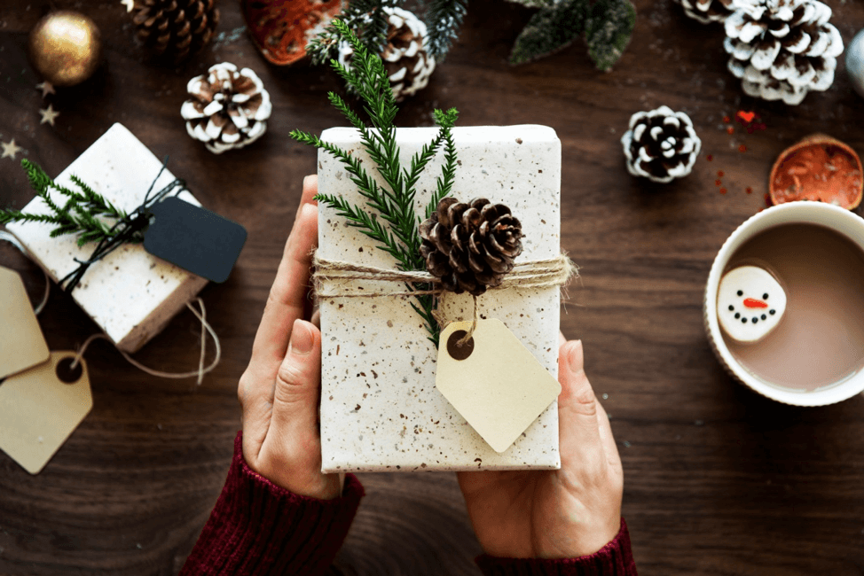 Holiday gift wrapped with pinecone accent.